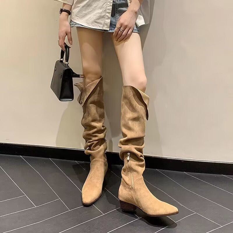 Women's Western Cowboy Pile Style Autumn Single Pointed Toe Long Chunky Women's Leather Boots