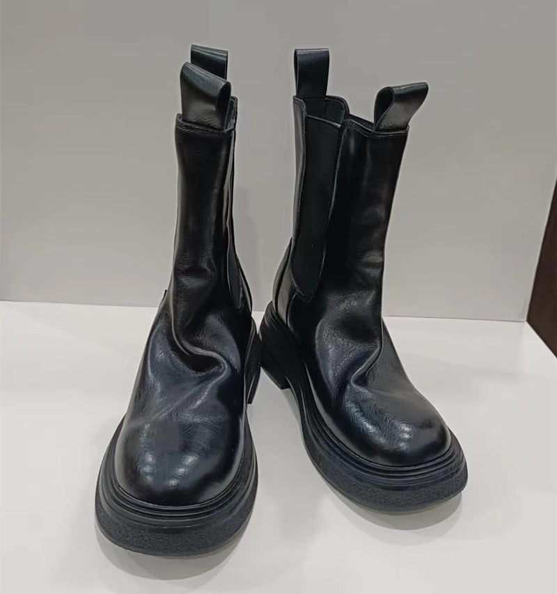 Women's Genuine Elevator Thick-soled British Style Chelsea Pleated Boots