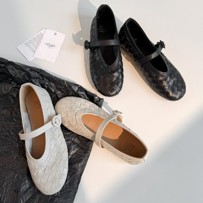 Head French Style Vintage Weave Strap Mary Jane Flat Women's Fashion Shoes
