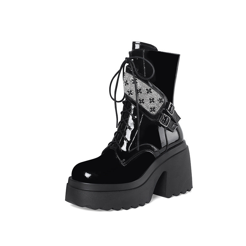 Women's Short Side Zipper Height Increasing Waterproof Platform Women's Leather Boots