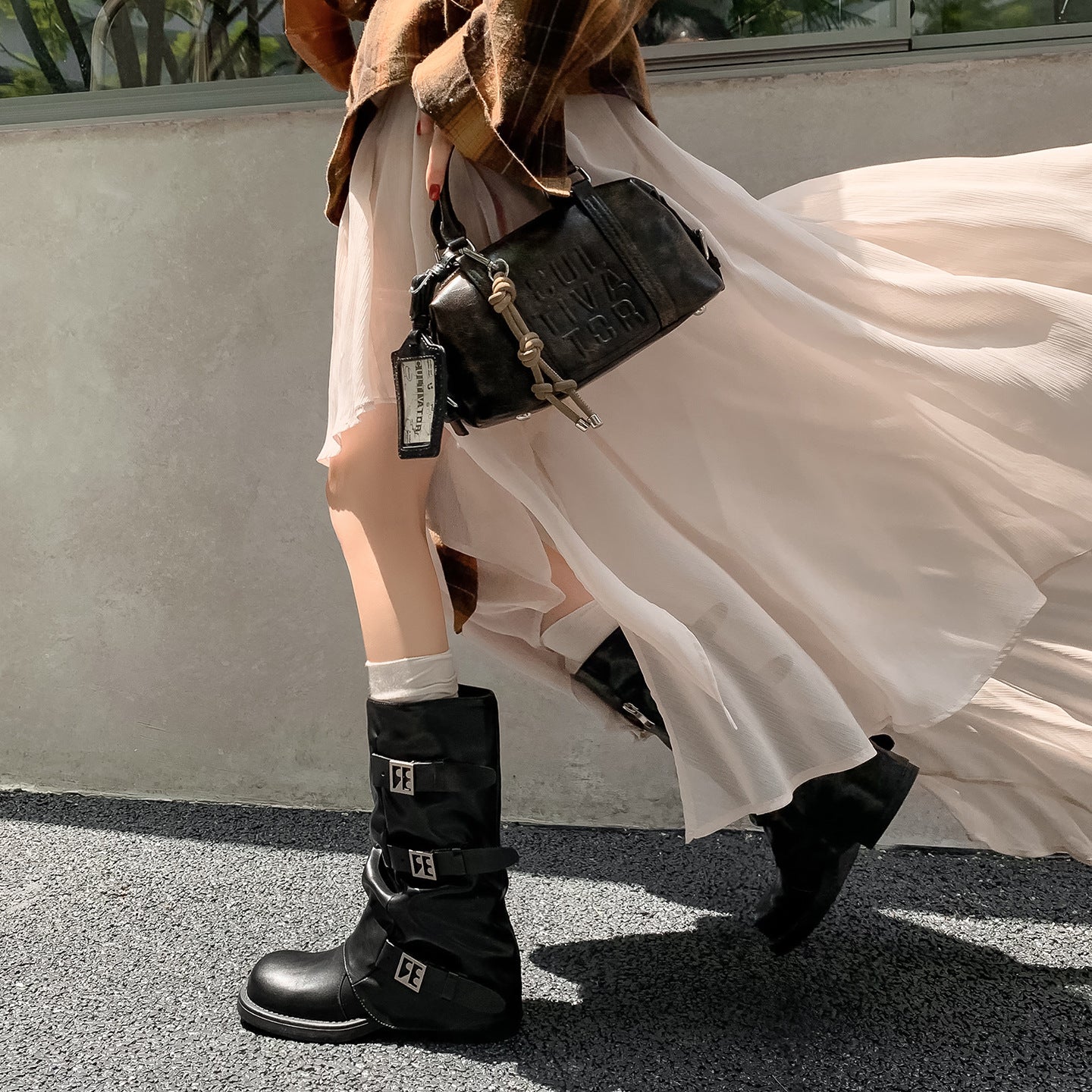 Women's Round Head Chunky Knee-high Belt Buckle Knight Women's Leather Boots