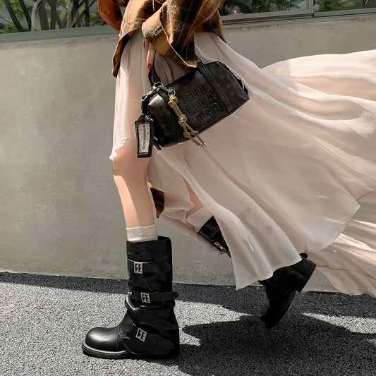Women's Round Head Chunky Knee-high Belt Buckle Knight Women's Leather Boots