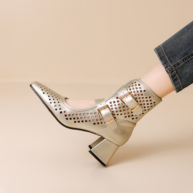 Women's Summer Retro Golden Square Head Chunky High Heeled Sandals