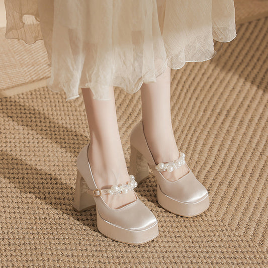 Women's Waterproof Platform High Banquet Satin French Mary Heels