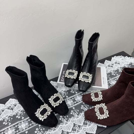 Women's Increasing Insole French Square Head Skinny Stiletto Ankle Fashion Women's Leather Boots
