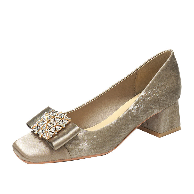 Women's Sheepskin Square Toe Chunky High Bow Women's Shoes