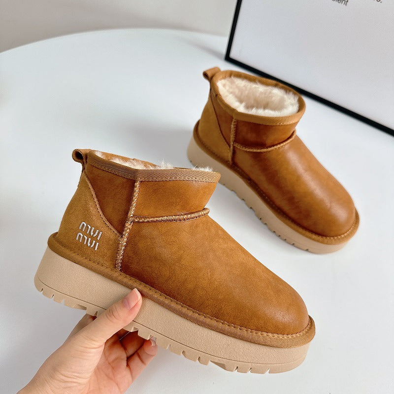 Women's Winter Cowhide Wool Bootie Thick Bottom Snow Boots