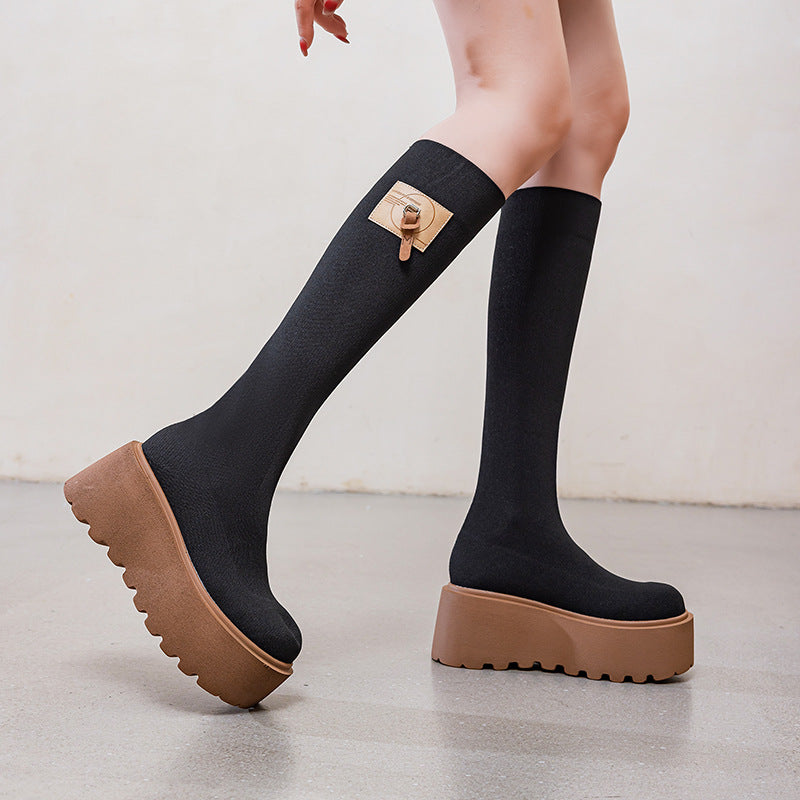 Women's Buckle Fashion Below The Knee Slim Fit High Women's Leather Boots