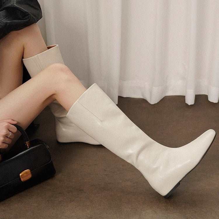 Women's Insole Sleeve Round Toe For French Retro Pile Style Wide Women's Leather Boots