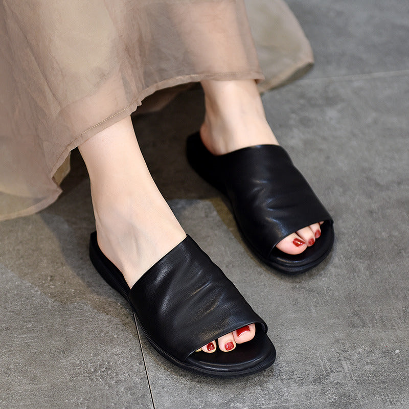 Women's Summer Outdoor First Layer Cowhide Retro Bottom Easy Flat Slippers