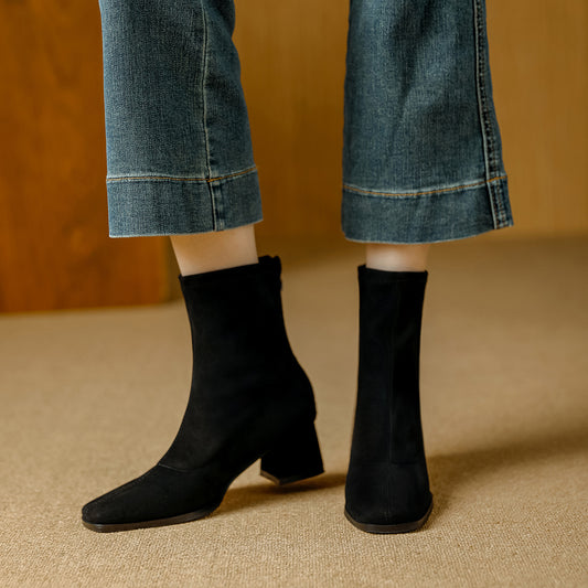 Women's French Square Toe Chunky Suede Ankle Boots