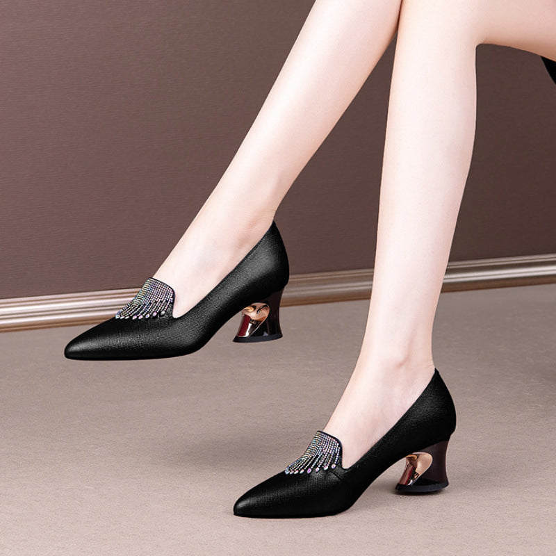 Women's Rhinestones Pointed Toe Mid-mouth Chunky Pumps Kitten Women's Shoes