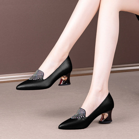 Women's Rhinestones Pointed Toe Mid-mouth Chunky Pumps Kitten Women's Shoes