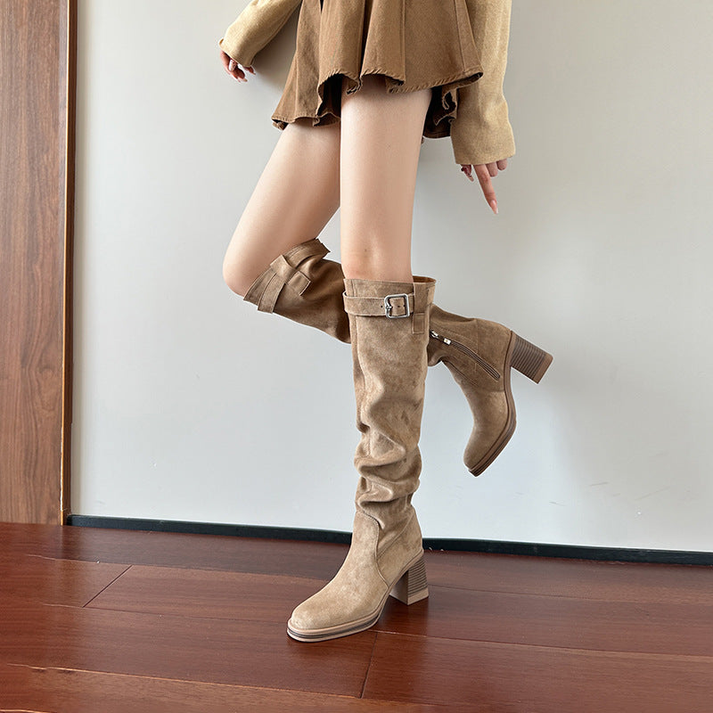 Women's Pile Style For V Cut Slimming Round Toe Thick High Women's Leather Boots