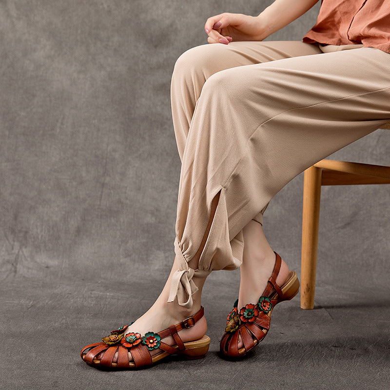 Women's Genuine Low Closed Toe Flower Ethnic Style Comfortable Flat Sandals