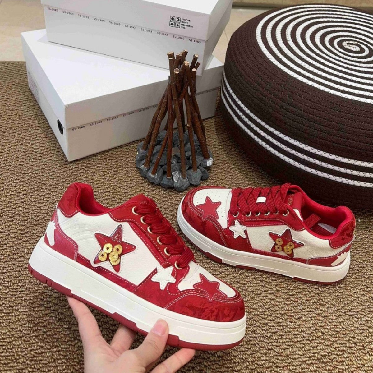 Women's Red Wedding Limited Star National Fashion Women's Board Shoes