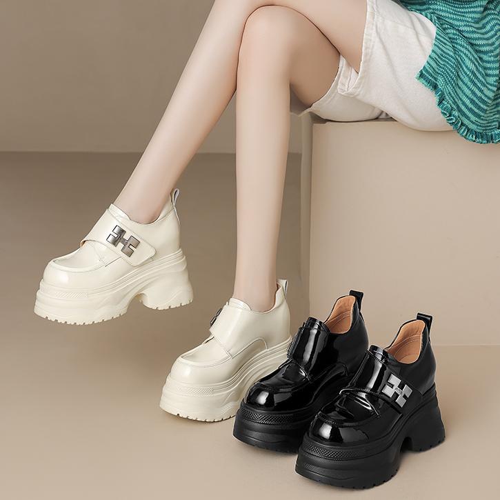 High Genuine Elevator Deep Mouth Pumps Small Muffin Platform Metal Loafers
