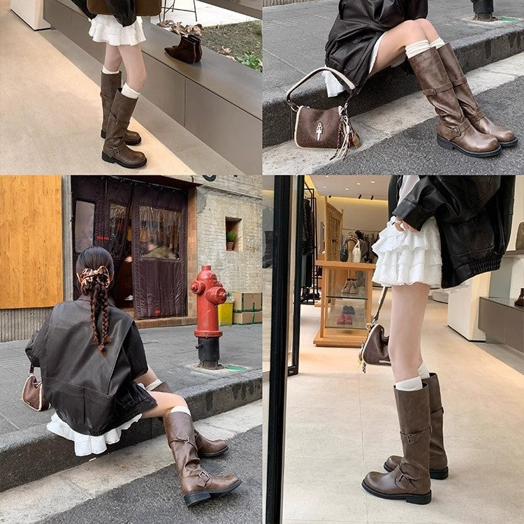 Dune Aesthetics Fleece-lined Vintage Double Buckle Women's Leather Boots