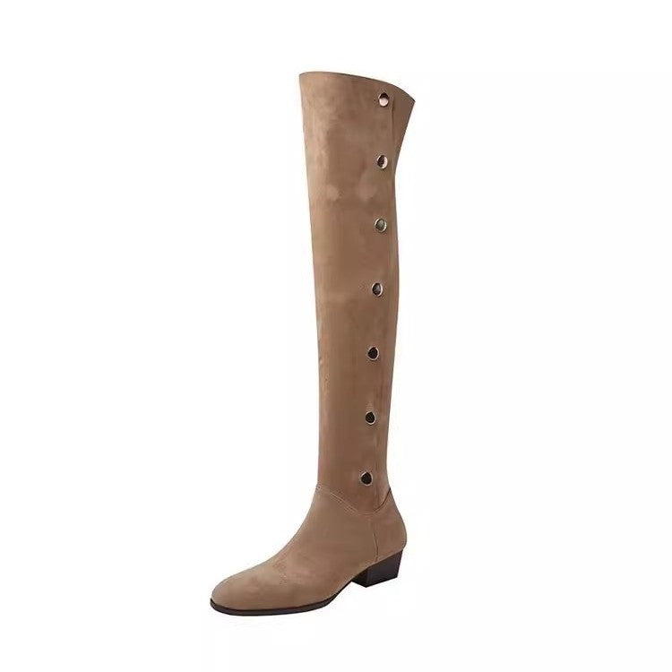 Women's Western Cowboy Button High Leg Chunky Women's Leather Boots