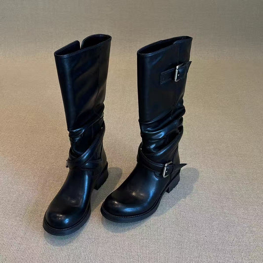 Women's Buckle Chunky Knight Fashionable Round Toe Pile Style Heels