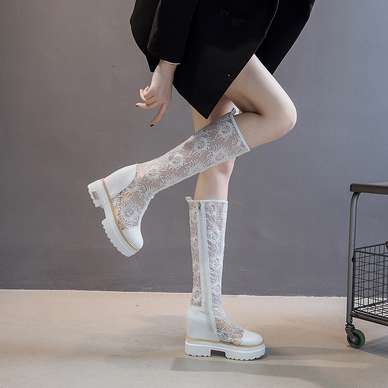 Women's White Embroidered Mesh Height Increasing Insole Thin Below The Knee Boots