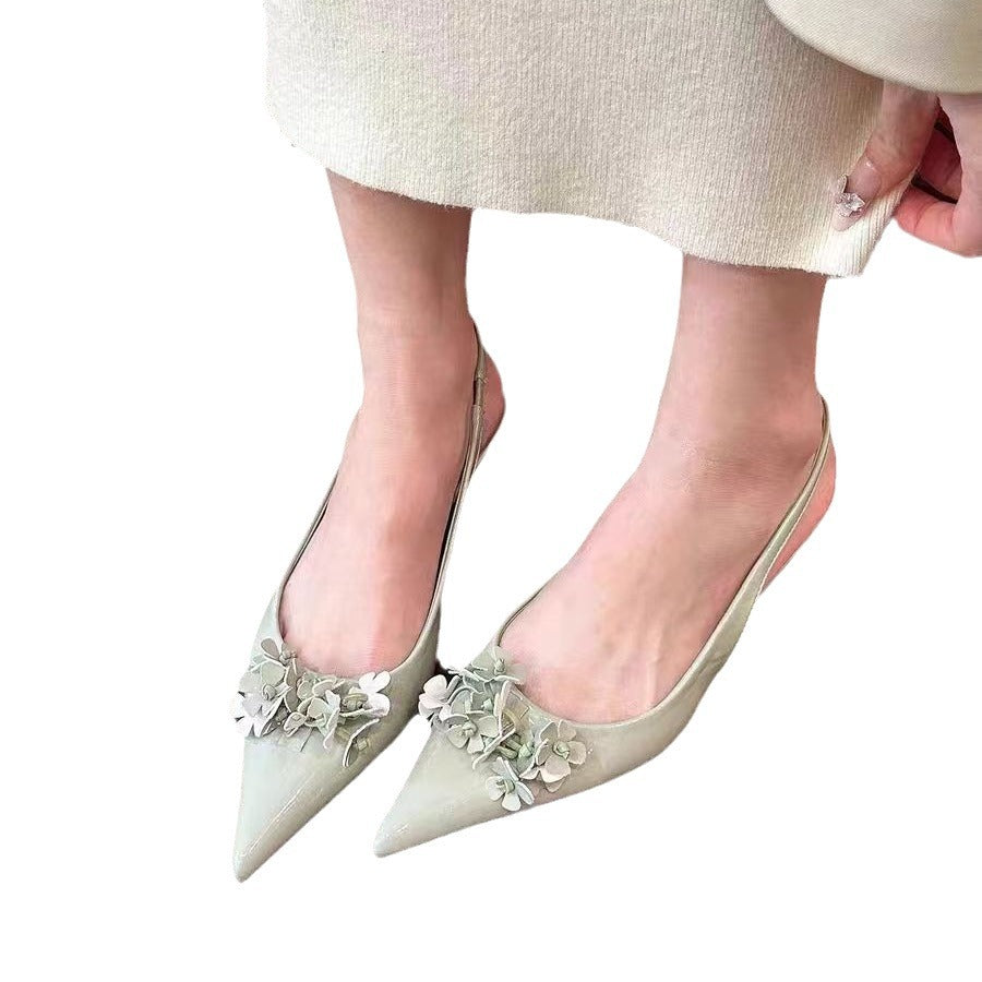 Women's Fashion Green Pointed Flower Shallow Mouth Back High Heeled Sandals