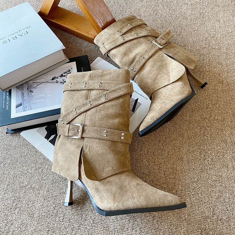 Women's Belt Buckle Wide Tube Fashion Skinny Stilettos Boots