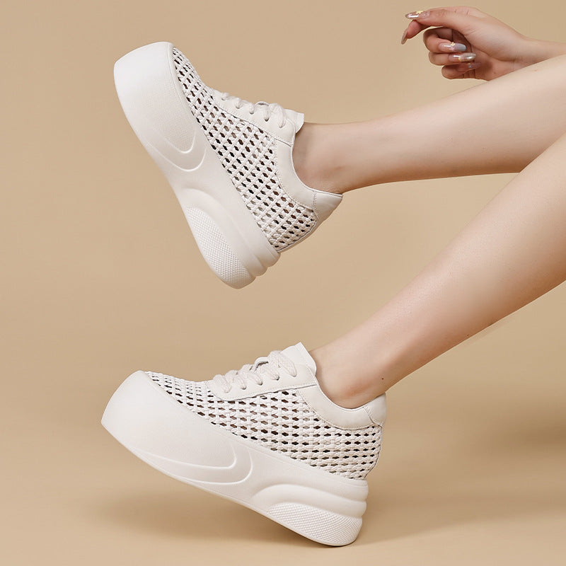 Women's White Thick-soled Summer Versatile Woven Sports Height Increasing Leisure Breathable Sneakers