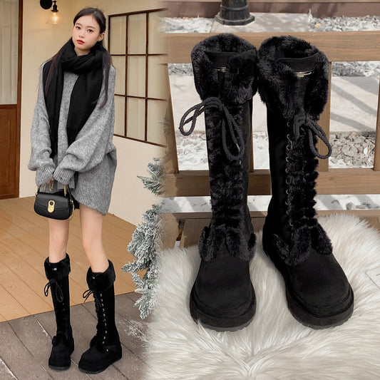 Women's Winter Retro Platform Fleece-lined Knight Thermal Middle Tube Snow Boots