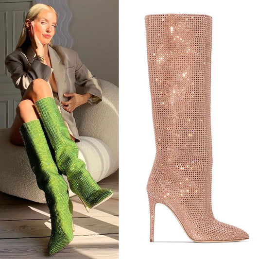 Women's Sky Rhinestone Pointed Toe Stiletto Knee-length Large Boots