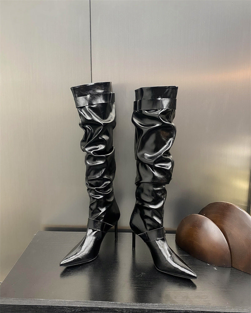 Women's Hot Style Pointed White Pile High Long Autumn Belt Buckle Women's Leather Boots