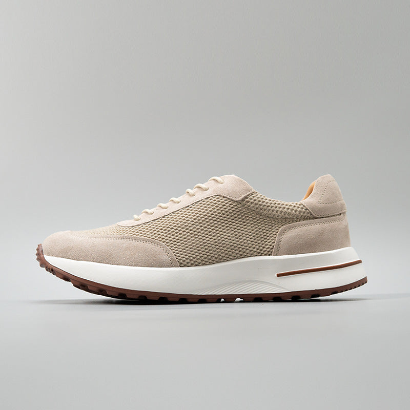 Men's Sand Color Lightweight Breathable Mesh Stitching Cow Split Men's Casual Leather Shoes