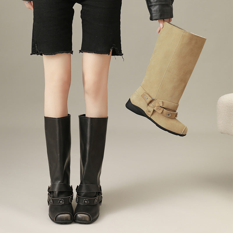 Women's Minority Square Toe Belt Rivet Button Women's Leather Boots