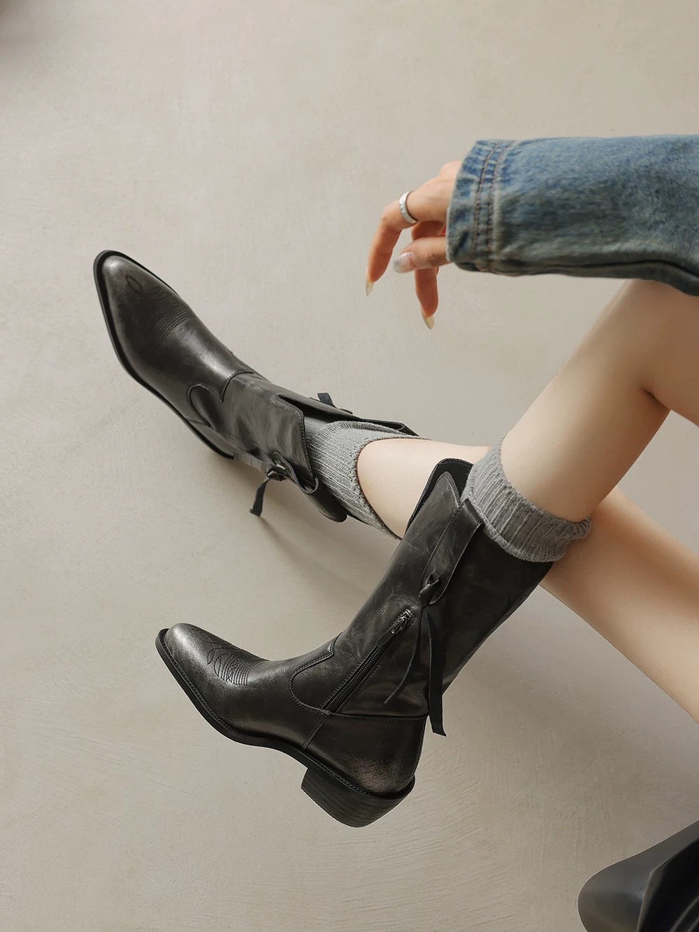 Nara Temperament Pointed Toe Chunky Retro Knee-high Boots