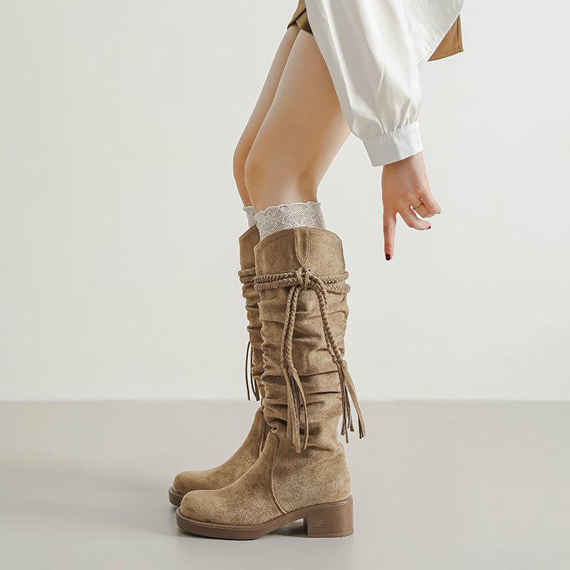 Long Female Vintage Tassel Woven Waste Soil Style Knight Thick Heels