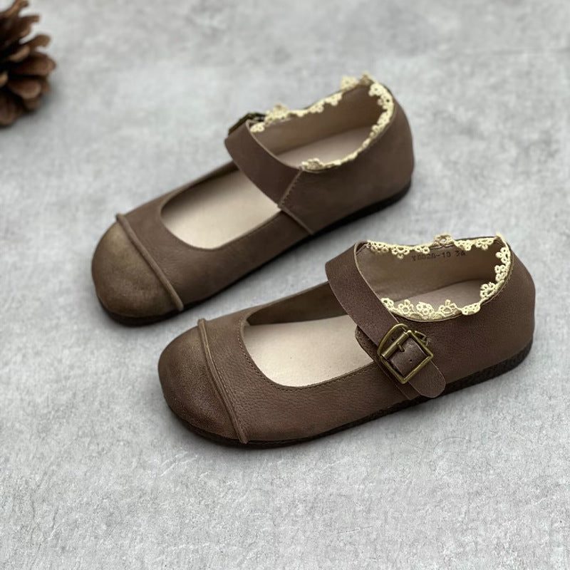 Women's Artistic Genuine Nude Vintage Round Toe Lace Buckle Flat Bottom Women's Casual Shoes