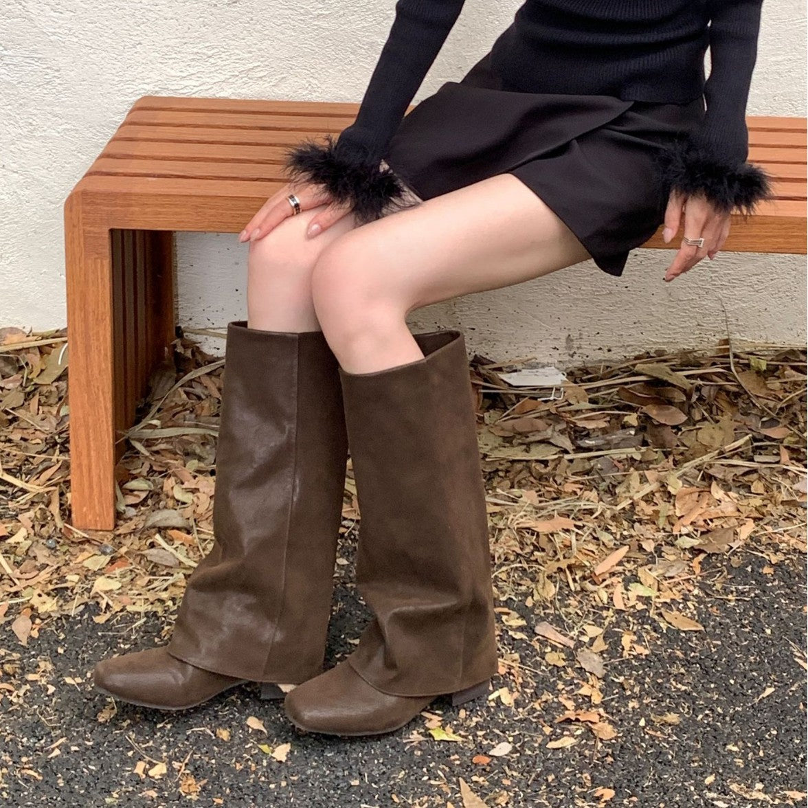 Retro Tall Knight Female Square Toe Pile Style Below The Boots