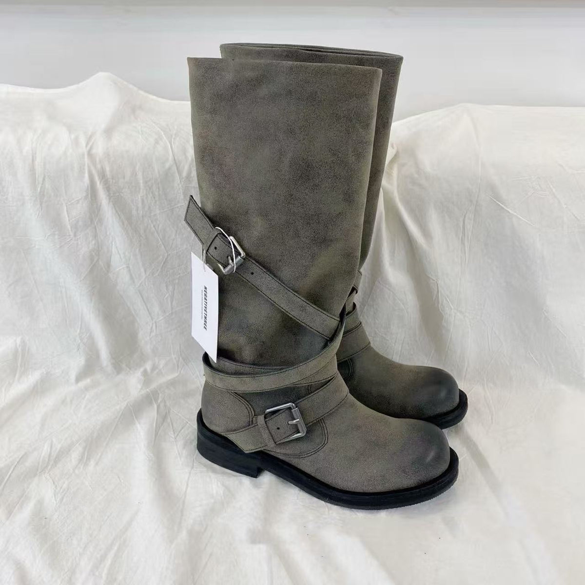 Women's Style Niche Belt Buckle Waste Soil Round Head Chunky Retro Boots