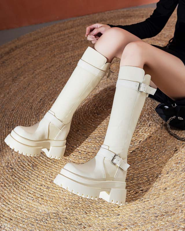 Muffin Platform Thin Slim Fit Tall Knight Height Increasing Insole Women's Leather Boots