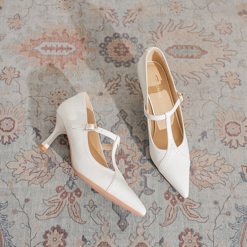 Women's Retro Minority Pointed High Stiletto Word Belt Shallow Women's Fashion Shoes