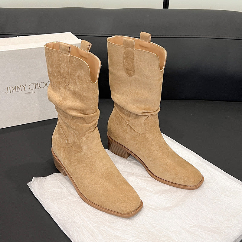 Women's Height Increasing Insole Western Cowboy V Cut Slimming Big Tube Women's Leather Boots