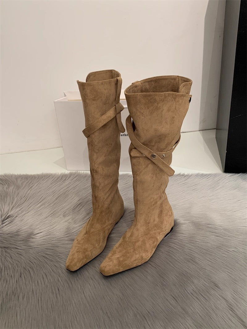 Women's Retro Low Tall Knight Two-way Pile Western Heels