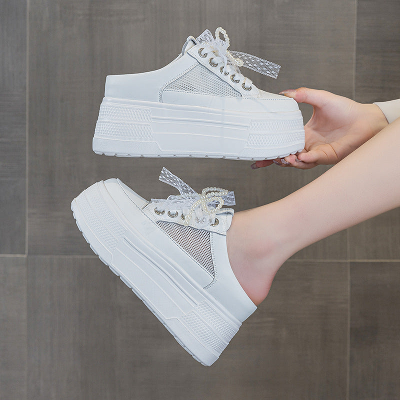 Women's Closed Toe Half Summer Breathable Mesh Thick Bottom Height Increasing Thick-soles Slippers
