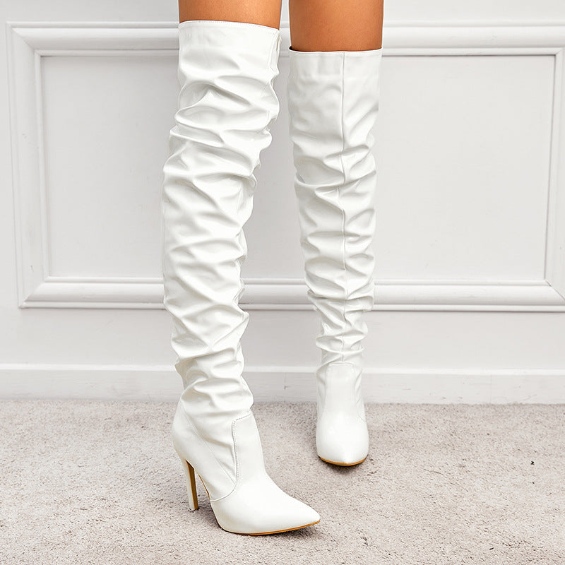 Women's Plus Size Catwalk Show Patent Slimming Pointed Stiletto Women's Leather Boots