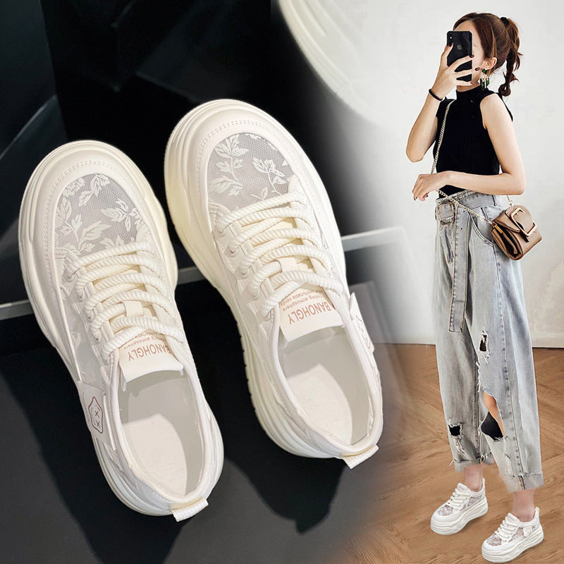 Women's White Spring Small Platform Summer Lace Mesh Casual Shoes