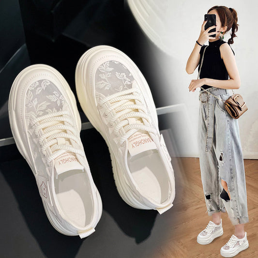 Women's White Spring Small Platform Summer Lace Mesh Casual Shoes