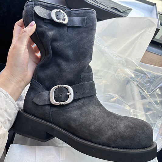 Women's British Style Martin Cowboy Belt Buckle Women's Leather Boots
