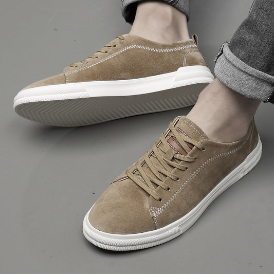 Men's Inner Height Increasing White Spring Cowhide Flat Men's Board Shoes