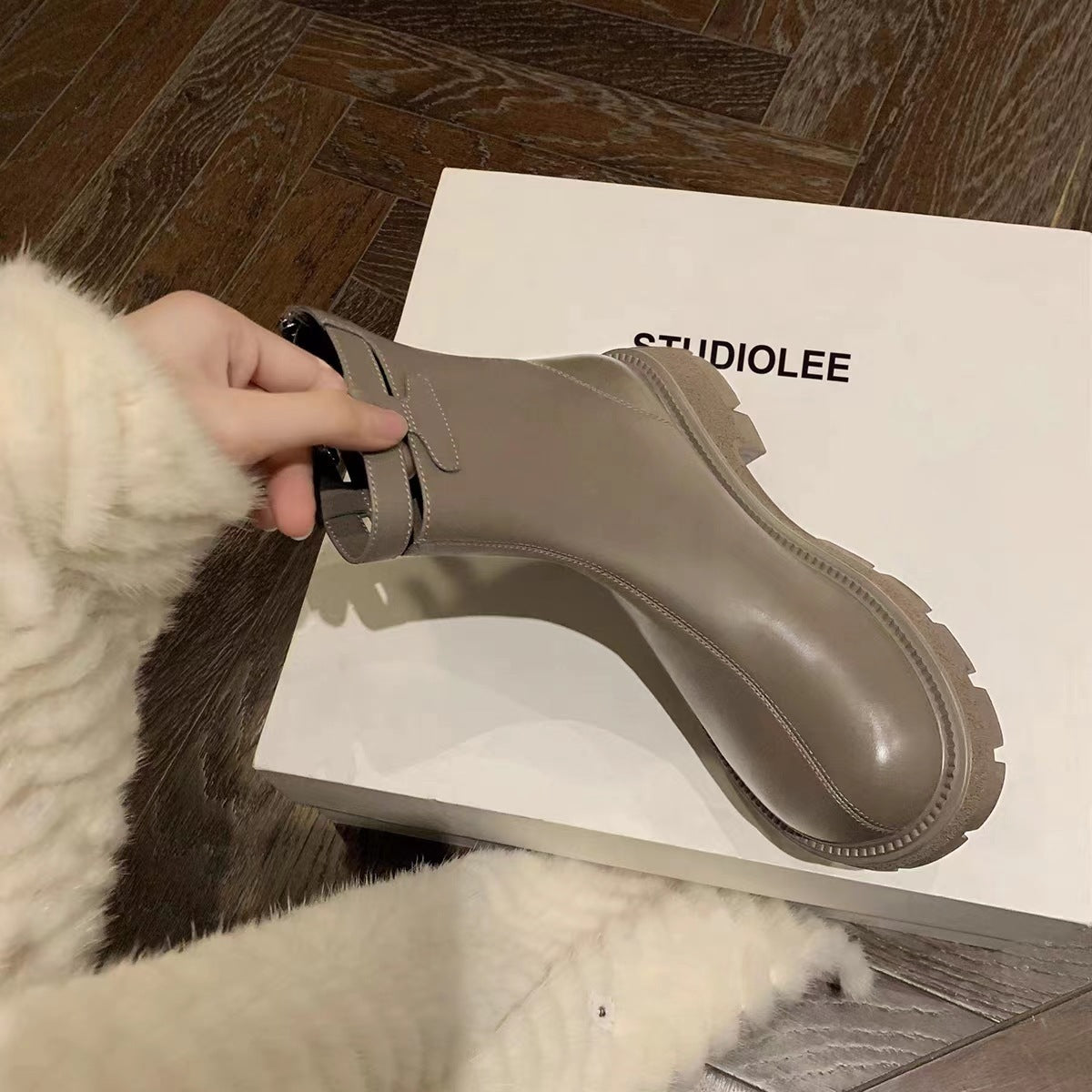 Women's Side Buckle Thick Bottom Chunky Thin Short Women's Leather Boots