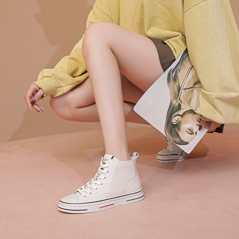 Women's Top Layer Cowhide Flat White Korean Style Versatile Shell Women's Board Shoes